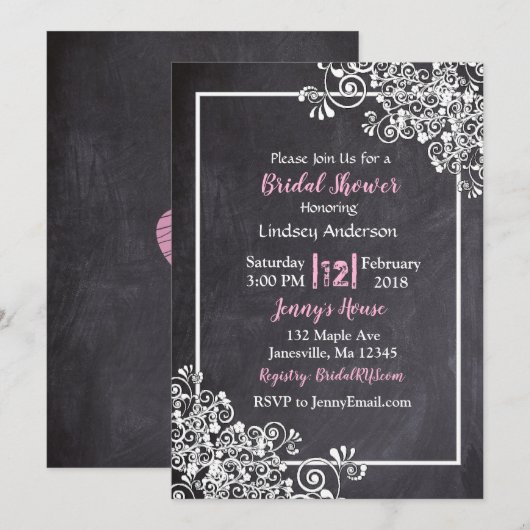Chalkboard Black & Pink Bridal Shower-uitnodiginge Kaart (Voorkant / Achterkant)
