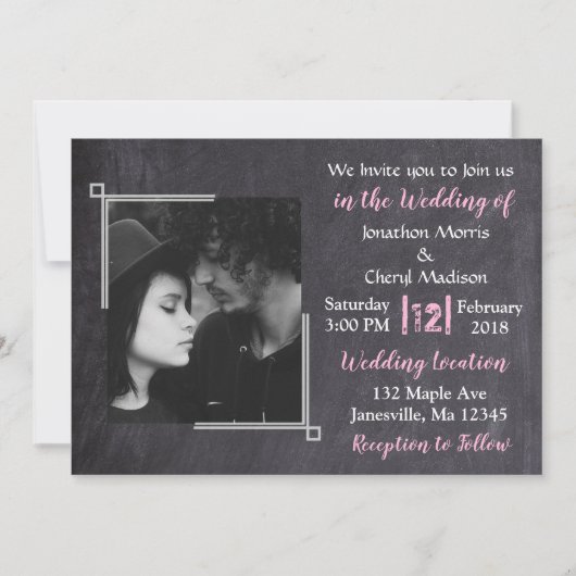 Chalkboard Black & Pink Photo Wedding Invitations Kaart (Voorkant)