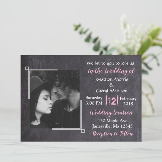 Chalkboard Black & Pink Photo Wedding Invitations Kaart (Staand voorkant)