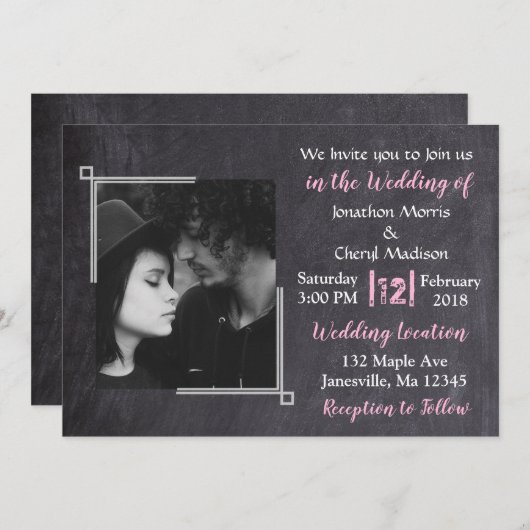 Chalkboard Black & Pink Photo Wedding Invitations Kaart (Voorkant / Achterkant)