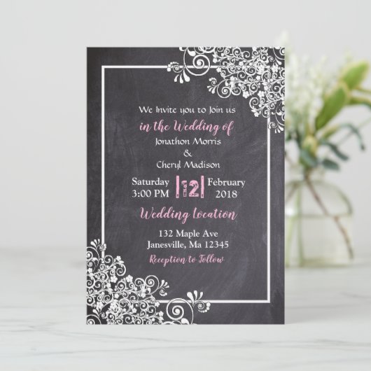 Chalkboard Black & Pink Script Wedding Invitations Kaart (Staand voorkant)