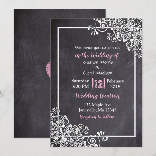 Chalkboard Black & Pink Script Wedding Invitations Kaart (Voorkant / Achterkant)