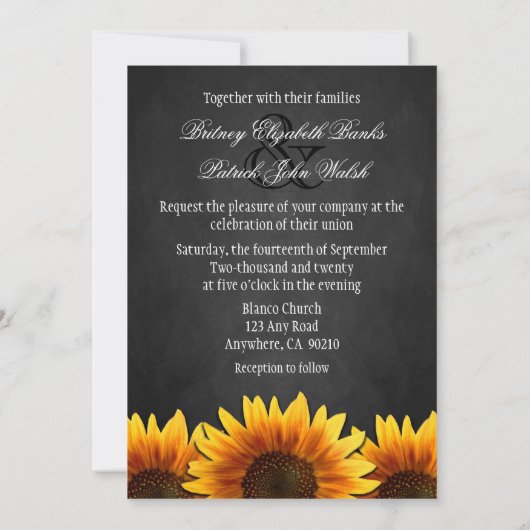 Chalkboard Black Sunflower Wedding Invitting Kaart (Achterkant)