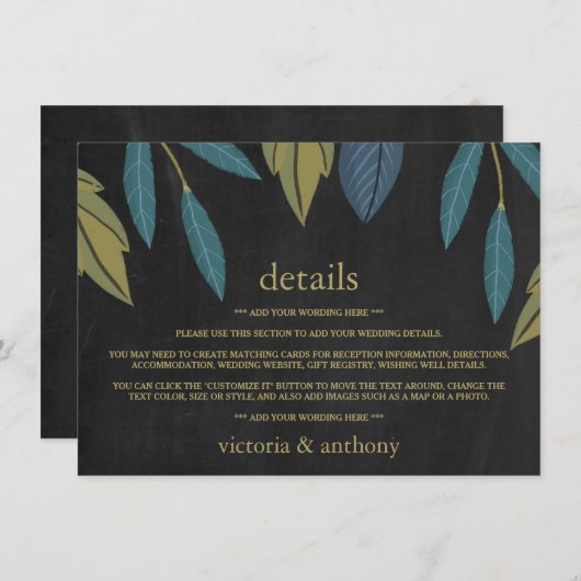 Chalkboard blad bruiloft detail invoegen informatiekaartje (Voorkant / Achterkant)