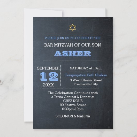 Chalkboard Blauw Grote Naam Bar Mitzvah Kaart (Voorkant)