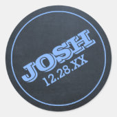 Chalkboard Blauw Naam Logo en Datum Ronde Sticker (Voorkant)