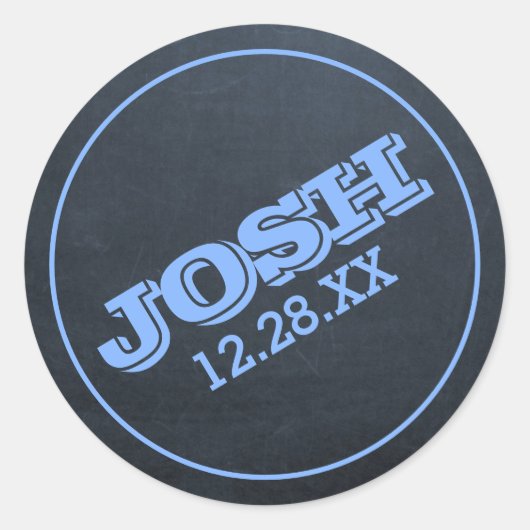 Chalkboard Blauw Naam Logo en Datum Ronde Sticker (Voorkant)