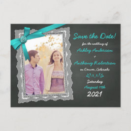 Chalkboard Blauwgroen Bow Photo Wedding Save the D Aankondigingskaart