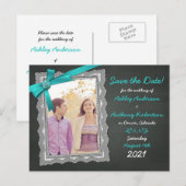 Chalkboard Blauwgroen Bow Photo Wedding Save the D Aankondigingskaart (Voorkant / Achterkant)