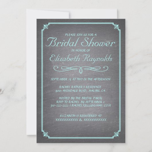 Chalkboard Blauwgroen & Silver Bridal Shower Invit Kaart (Voorkant)