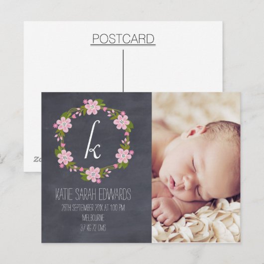 Chalkboard Bloemen Meisje Baby Aankondiging Briefk (Voorkant / Achterkant)