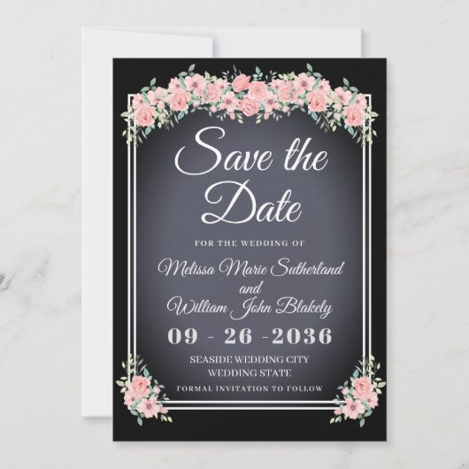 Chalkboard Bloemen Zwarte Huwelijk Save The Date (Voorkant)