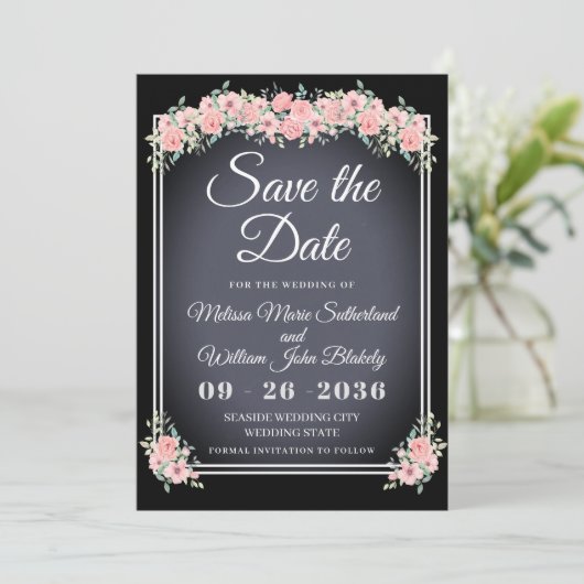 Chalkboard Bloemen Zwarte Huwelijk Save The Date (Staand voorkant)