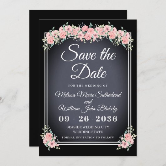 Chalkboard Bloemen Zwarte Huwelijk Save The Date (Voorkant / Achterkant)