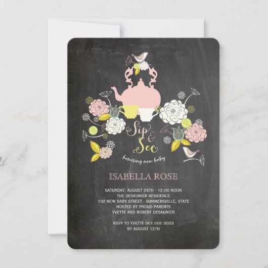 Chalkboard blooms & vogelzool en zie Baby shower Kaart (Voorkant)