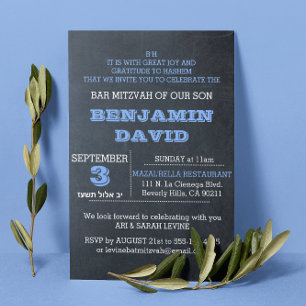 Chalkboard Blue B"H Bar Mitzvah uitnodiging