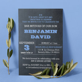 Chalkboard Blue B"H Bar Mitzvah uitnodiging