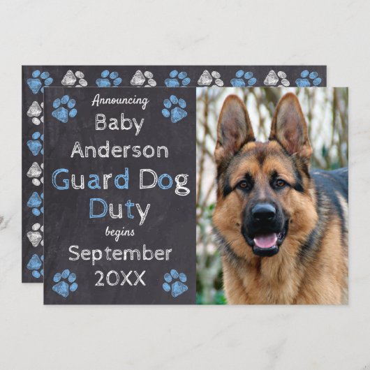 Chalkboard Blue Baby Dog Zwangerschap Aankondiging (Voorkant / Achterkant)