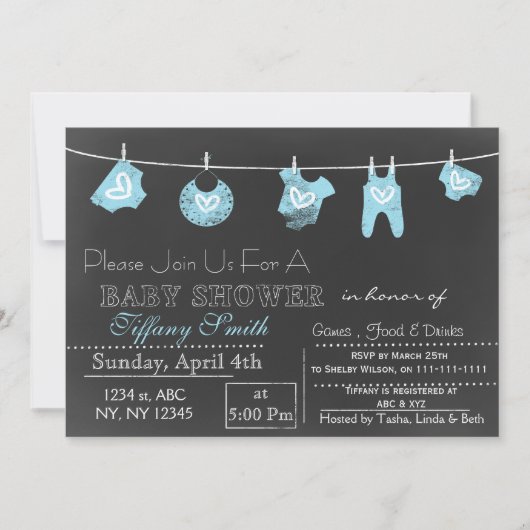 Chalkboard blue Baby shower Invitation Kaart (Voorkant)