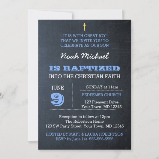Chalkboard Blue Baptism Invitation Kaart (Voorkant)