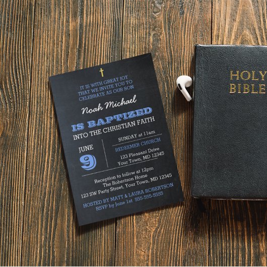 Chalkboard Blue Baptism Invitation Kaart