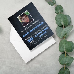 Chalkboard Blue Bar Mitzvah Foto opslaan van de da Aankondigingskaart