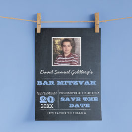 Chalkboard Blue Bar Mitzvah Foto opslaan van de da Aankondigingskaart