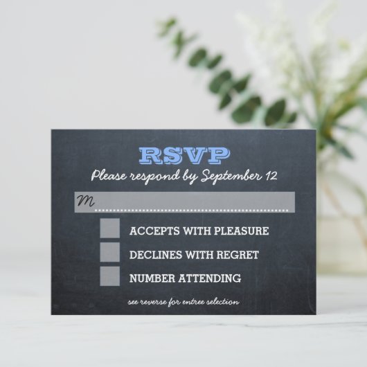 Chalkboard Blue Bar Mitzvah RSVP-kaart met Entree RSVP Kaartje (Staand voorkant)