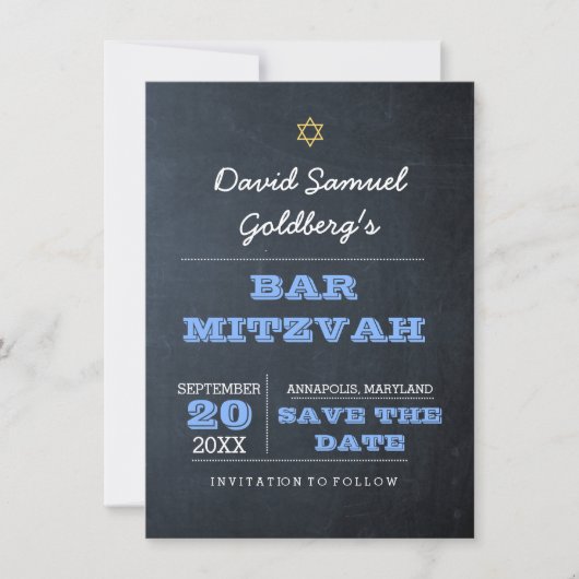 Chalkboard Blue Bar Mitzvah Save the Date Kaart (Voorkant)
