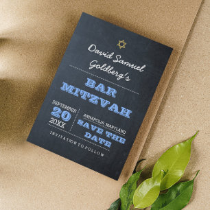 Chalkboard Blue Bar Mitzvah Save the Date Kaart