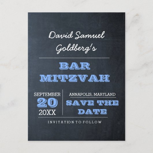Chalkboard Blue Bar Mitzvah Sla de datum op Aankondigingskaart (Voorkant)