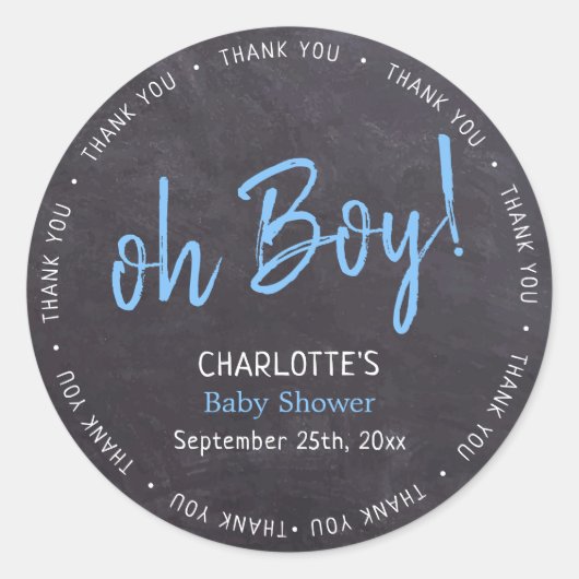 Chalkboard Blue Boy Baby shower Dank u Ronde Sticker (Voorkant)