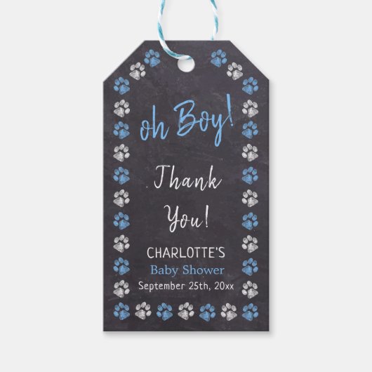 Chalkboard Blue Boy Paw Print Baby shower Cadeaulabel (Voorkant)