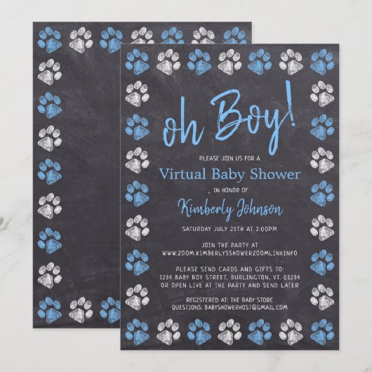Chalkboard Blue Boy Paw Print Virtual Baby shower Kaart (Voorkant / Achterkant)