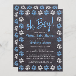 Chalkboard Blue Boy Paw Print Virtual Baby shower Kaart