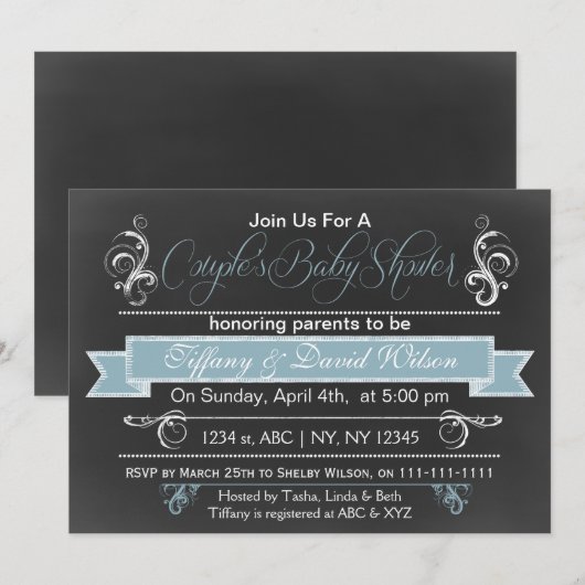 Chalkboard blue Couple's Baby shower Invitation Kaart (Voorkant / Achterkant)