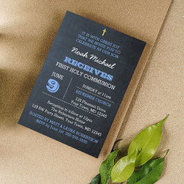 Chalkboard Blue Eerste Communie Uitnodiging