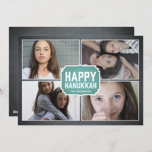 Chalkboard Blue Framed Hanukkah Photo Card Feestdagenkaart (Voorkant / Achterkant)