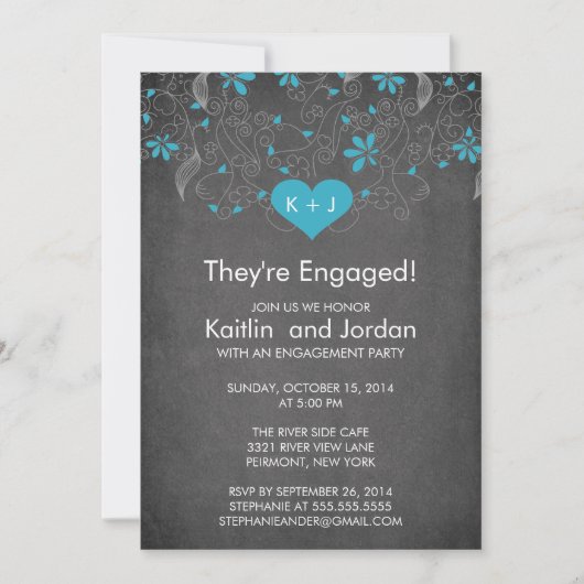 Chalkboard Blue Heart met Flower Engagement Party Kaart (Voorkant)