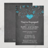 Chalkboard Blue Heart met Flower Engagement Party Kaart (Voorkant / Achterkant)