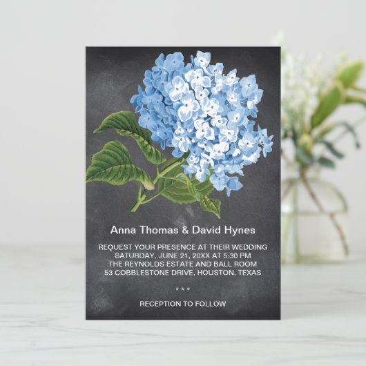 CHALKBOARD BLUE HYDRANGEA PERSONALISEERD WEDDING I KAART (Staand voorkant)