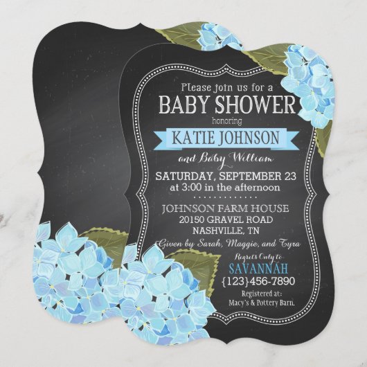 Chalkboard Blue Hydrangeas Baby shower Kaart (Voorkant / Achterkant)