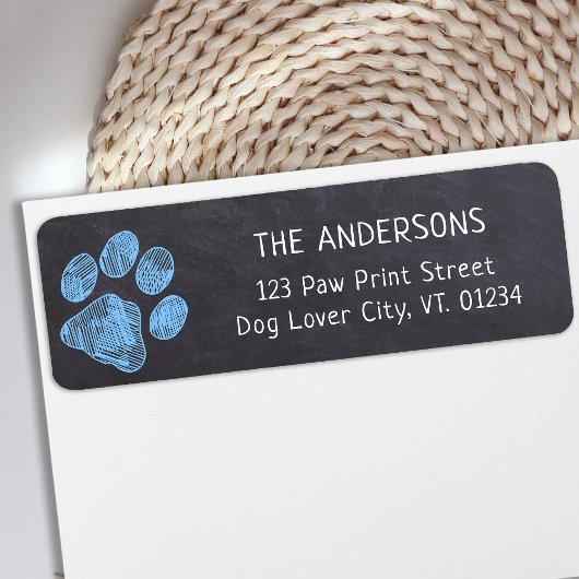 Chalkboard Blue Paw Print Address Etiket