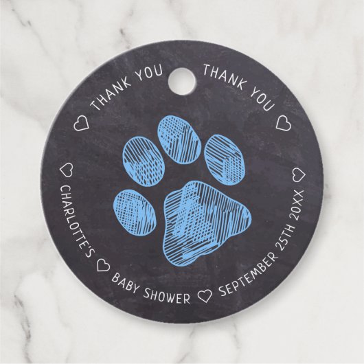 Chalkboard Blue Paw Print Baby shower Hartelijk da Bedankjes Labels (Voorkant)