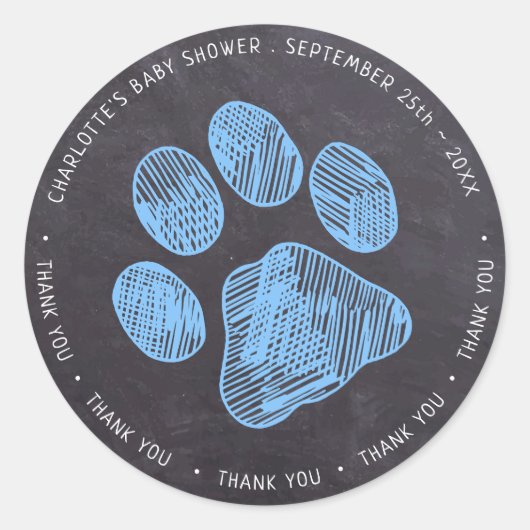 Chalkboard Blue Paw Print Baby shower Hartelijk da Ronde Sticker (Voorkant)