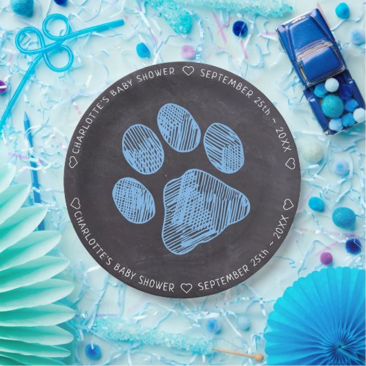 Chalkboard Blue Paw Print Baby shower Papieren Bordje (Feest)