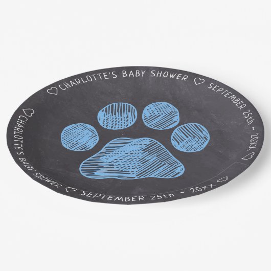 Chalkboard Blue Paw Print Baby shower Papieren Bordje (Gekanteld)