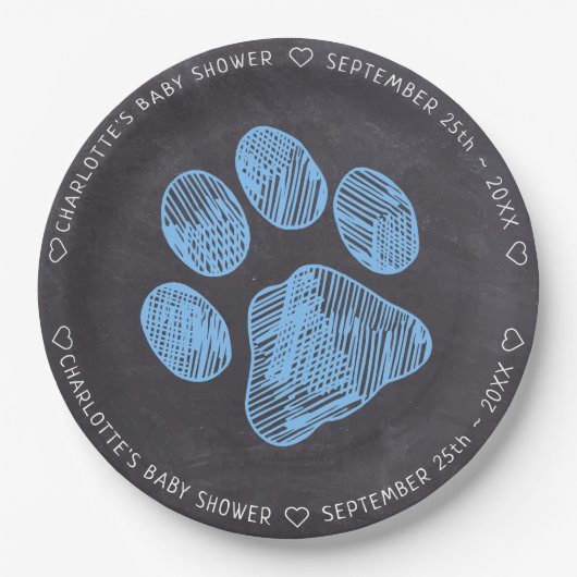 Chalkboard Blue Paw Print Baby shower Papieren Bordje (Voorkant)