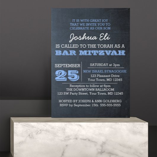Chalkboard Blue Photo Bar Mitzvah Uitnodiging