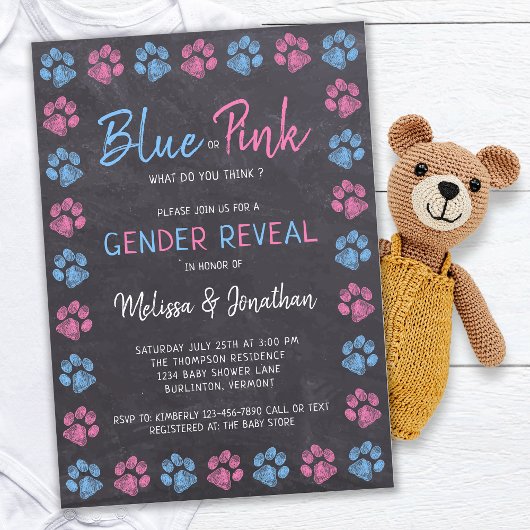 Chalkboard Blue Pink Paw Prins Gender onthullen Kaart
